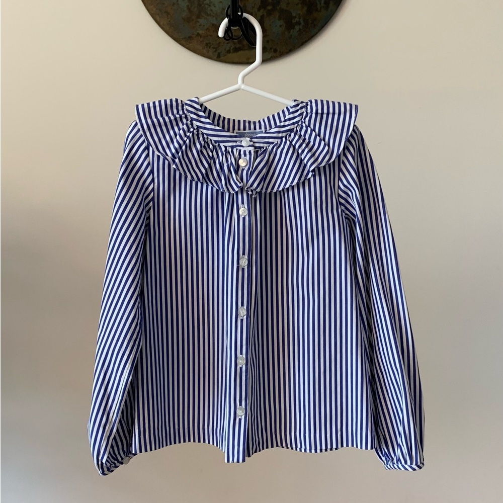 Jacadi Blue and White Striped Ruffled Collar Blouse